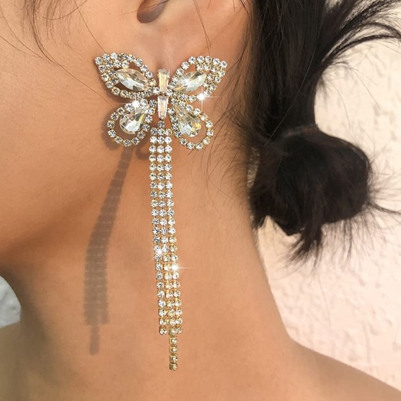 Jewelry - Butterfly Tassel Earrings Vintage Earrings Butterfly Earrings Rhinestone